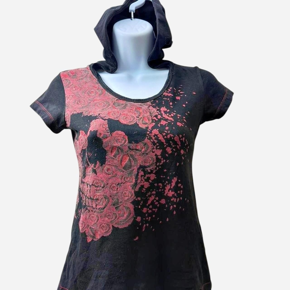 2/$16 | Black Hooded Women's Tee with Pink Floral Skull Print